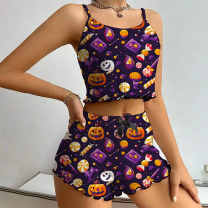 Halloween Pumpkin Print Sleepwear Lettuce Loungewear Pajama Set
