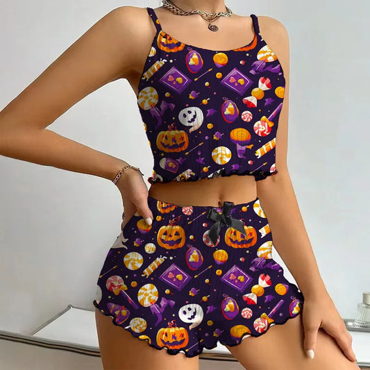 Halloween Pumpkin Print Sleepwear Lettuce Loungewear Pajama Set
