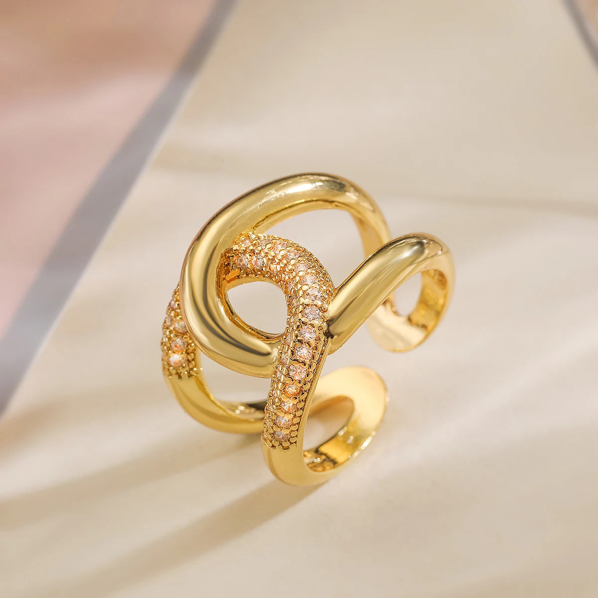 Gold/Silver Geometric Shiny AAA CZ Inlay Copper Rings