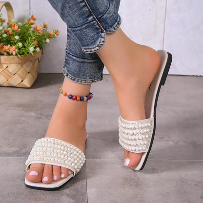 Flat artificial pearl rhinestone slippers