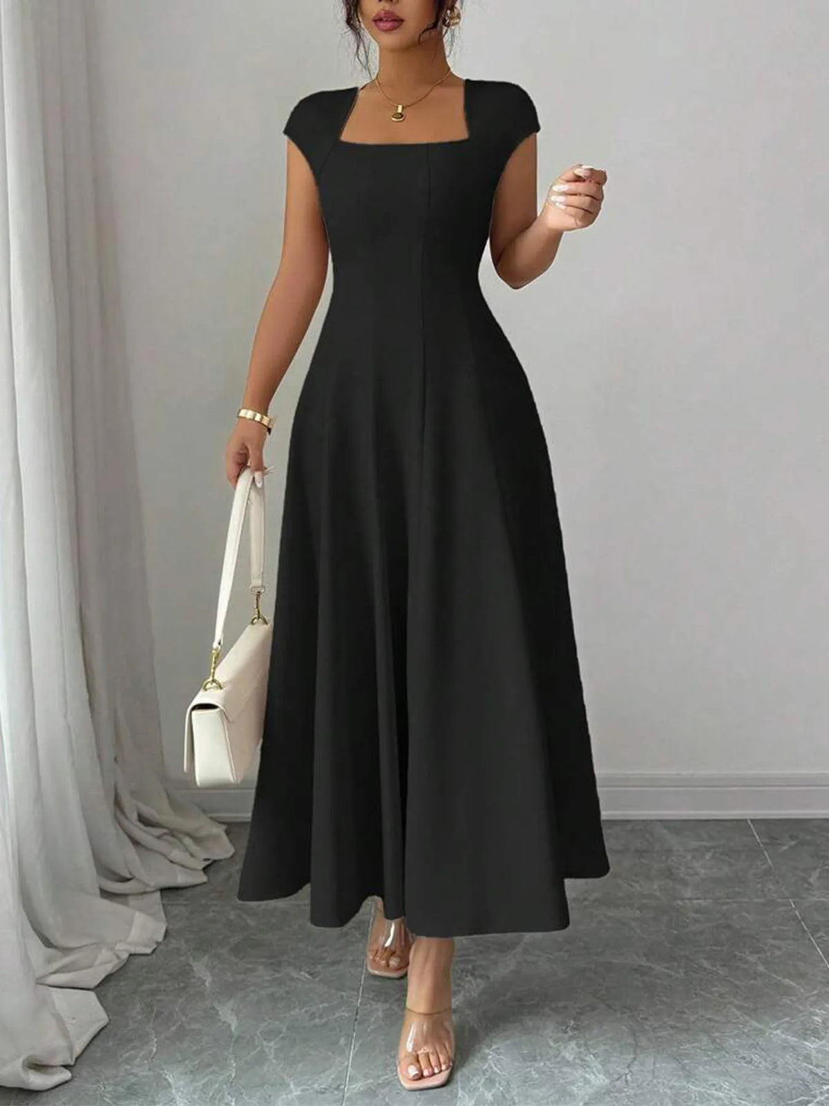 Square Neck Midi Cap Sleeve Fitted Flare Dress