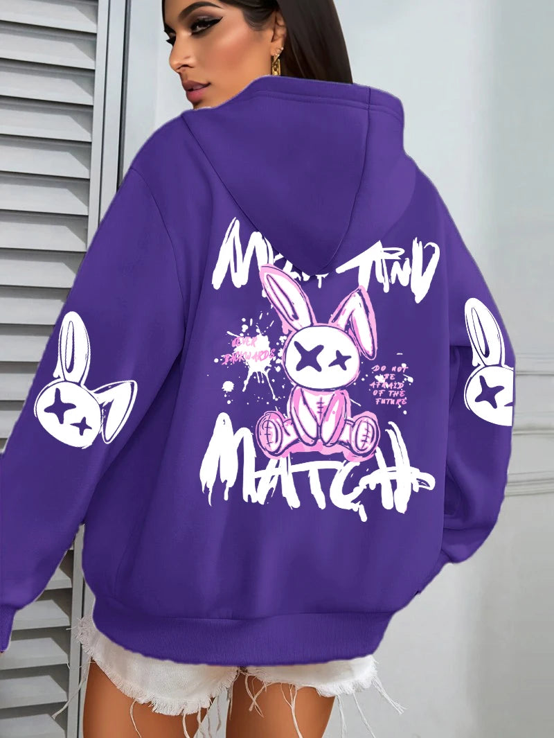 Mix And Match Cartoon Rabbit Prints Hoodie Pocket Streetwear