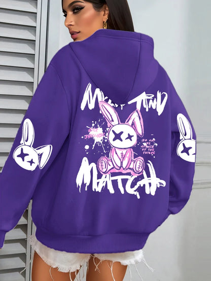 Mix And Match Cartoon Rabbit Prints Hoodie Pocket Streetwear