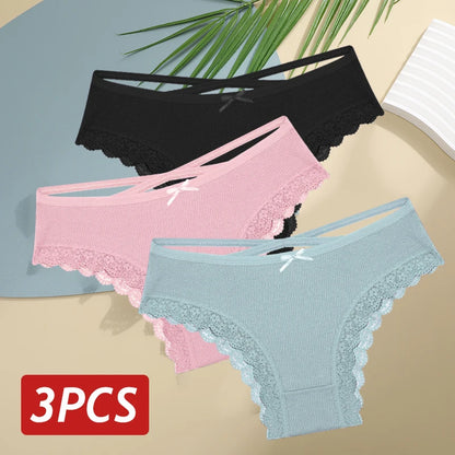 3PCS/Set Cotton Sexy Low Rise Lace Brazilian Panties S-XL