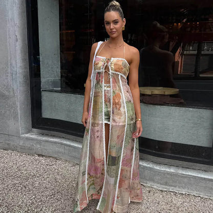 Art Print Beaded Strap Cami & Wide Leg Pants Set