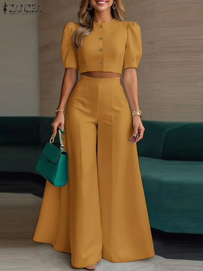 Conjunto de pantalón y pantalón de pierna ancha con manga corta abullonada