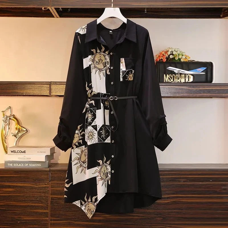 Vintage Print A-Line With Belt Loose Polo Neck Dress