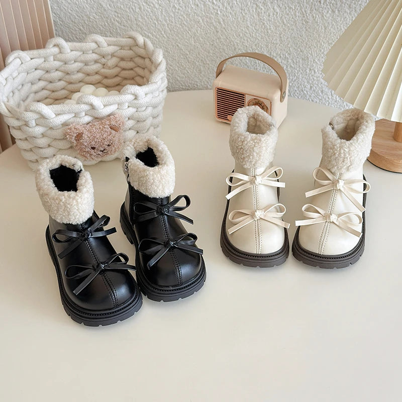 Round Toe Cute Bow Zipper Short Warm Snow Boots