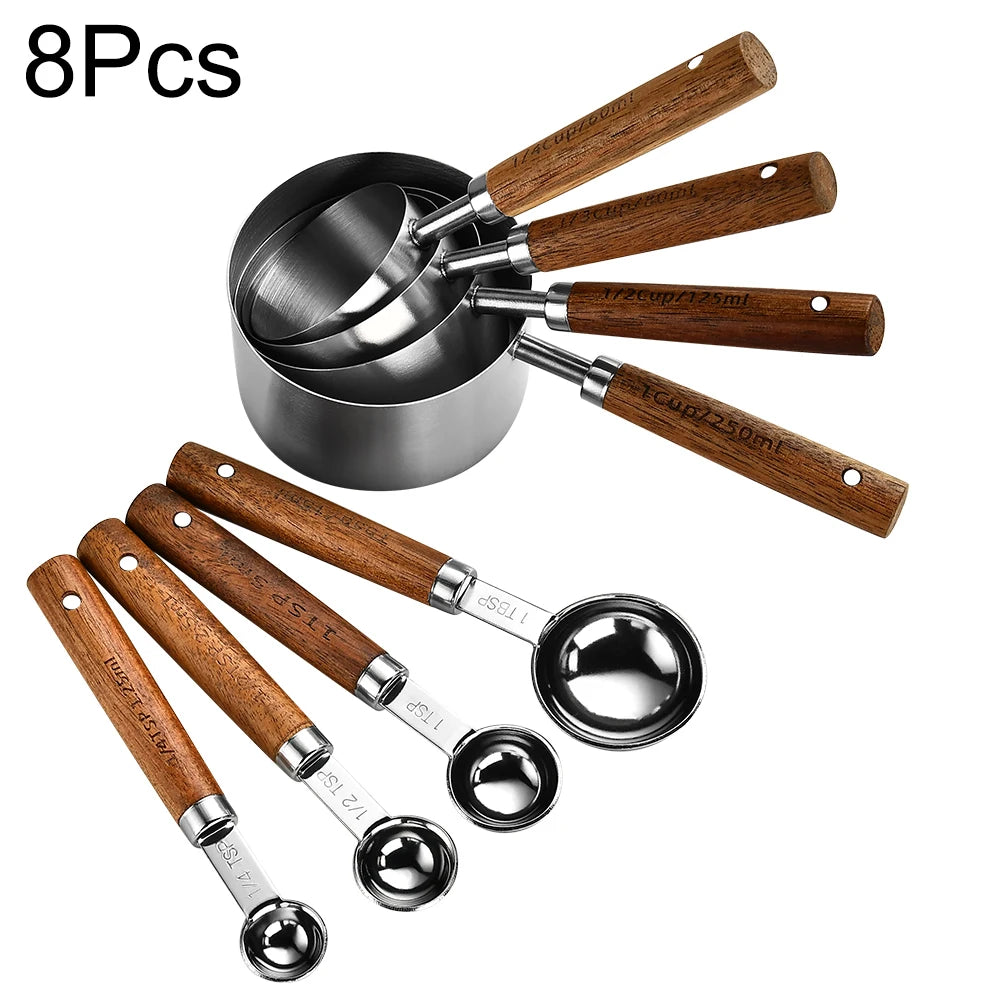 Wooden Handle Stainless Steel Measuring Cups Spoons
