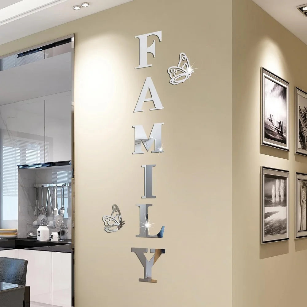 Two butterflies English Letters Family 3D Mirror Wall Stickers