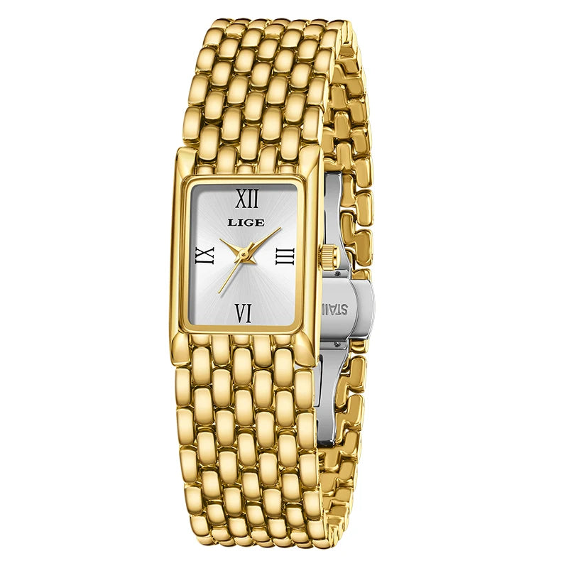 Quartz Silver Simple Square Luxury Stainless Steel Folding Wristwatch