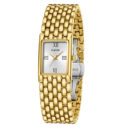 Quartz Silver Simple Square Luxury Stainless Steel Folding Wristwatch