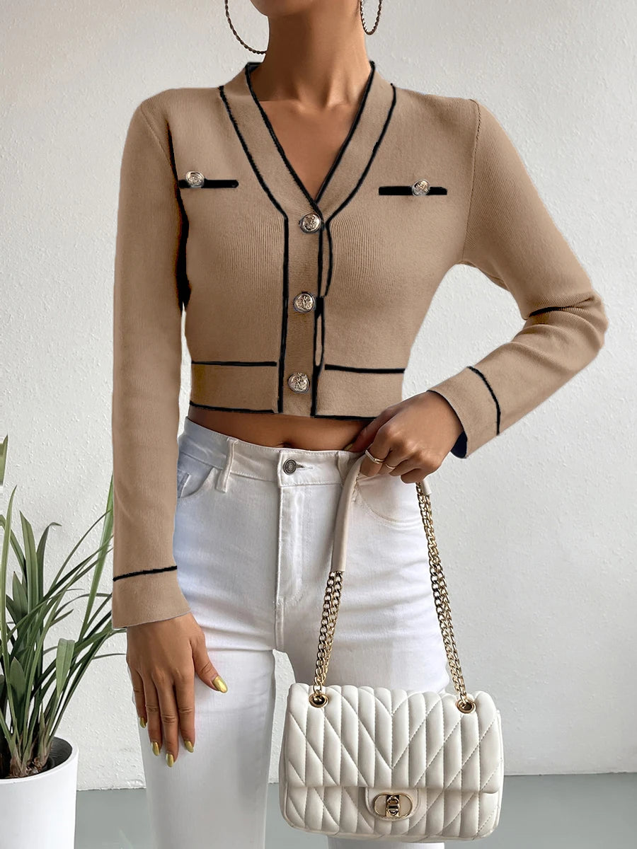 V Neck Button Front Striped  Sweater