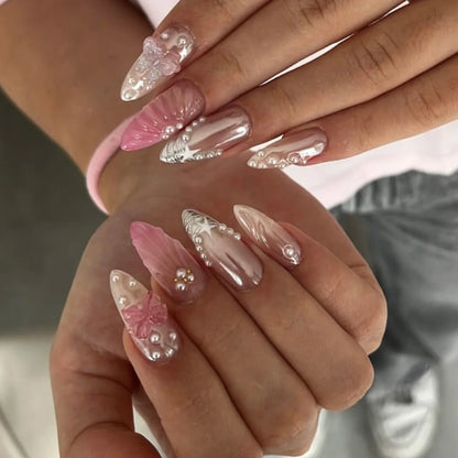 24pcs/Box Long Coffin False Nails Art Rose with Glue Wearable Jelly Nails