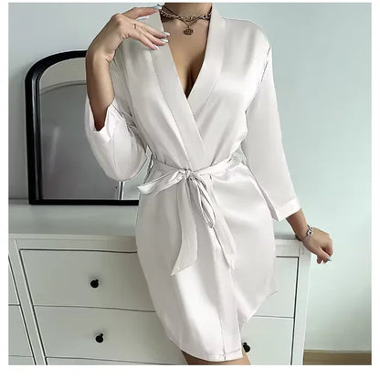 Lace-up bathrobe sexy ice silk robe