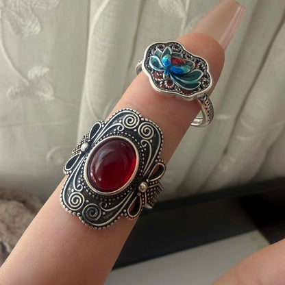 925 Sterling Silver Couple Minimalist Handmade Retro Red Big Stone Ring