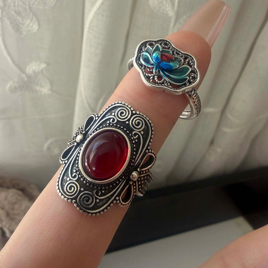925 Sterling Silver Couple Minimalist Handmade Retro Red Big Stone Ring