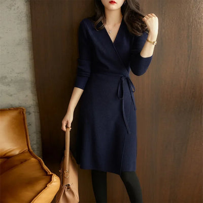 V-neck Wrap Up Loose Elegant Knitted Dress