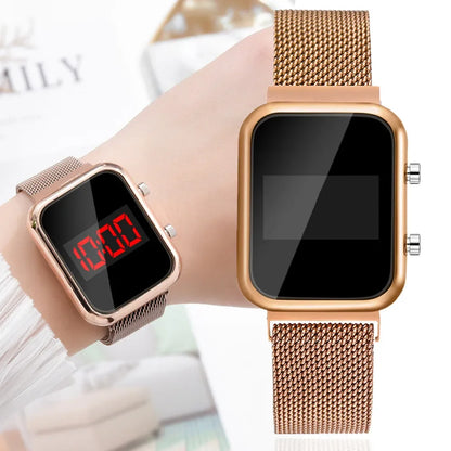 Rectangle LED Digital Luxury Rose Gold Magnetic Mesh Electronic Wristwatches