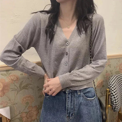 Long Sleeve Cropped Cardigan V Neck Sweaters