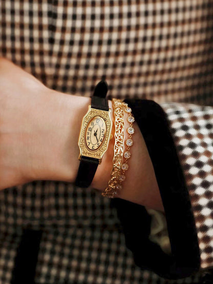 Gold French retro style waterproof quartz leather strap watch