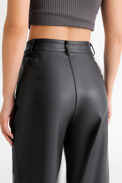 Fall Winter Fleece Loose Wide Leg Leather Pants