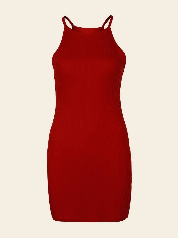 Sexy Rib Stripe Backless Sleeveless Bodycon Dress