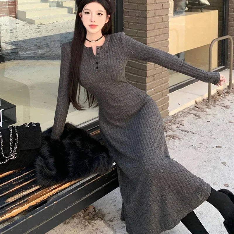 Elegant Slim High Waist Knit Long Sleeve Thick Warm Long Dress
