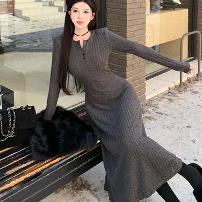 Elegant Slim High Waist Knit Long Sleeve Thick Warm Long Dress
