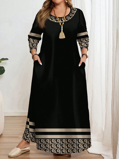 Plus-size geometric round neck long sleeve dress