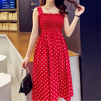 Long Vintage Dots Casual Ruffles Elegant Maxi Strap Camis Silky Dress