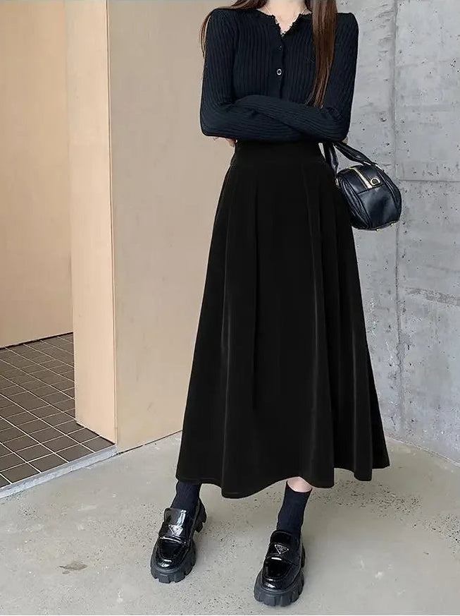 Elegant Velvet High Waist Casual Big Swing Skirts
