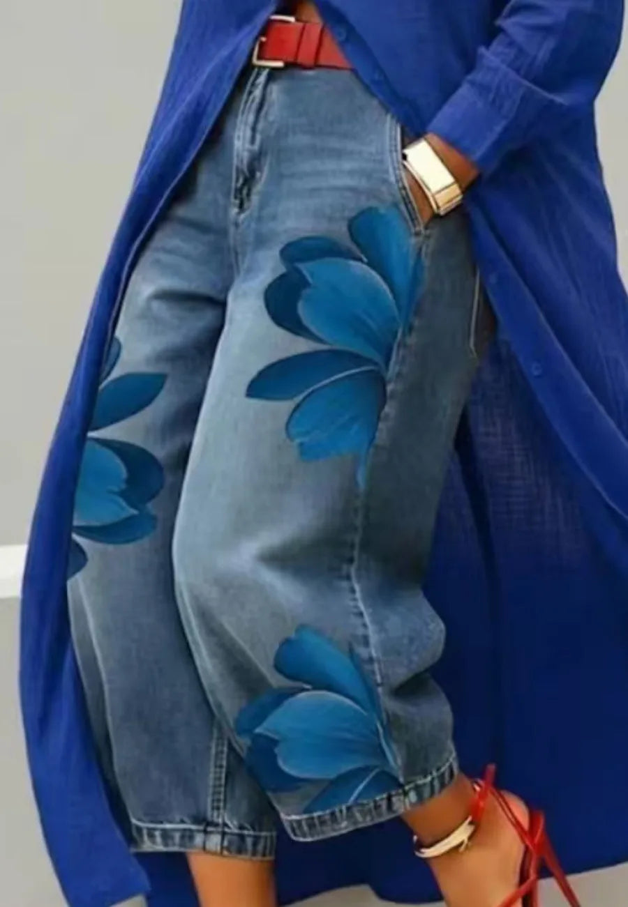 Streetwear Floral Print High Waist Jeans Loose Fit Pants