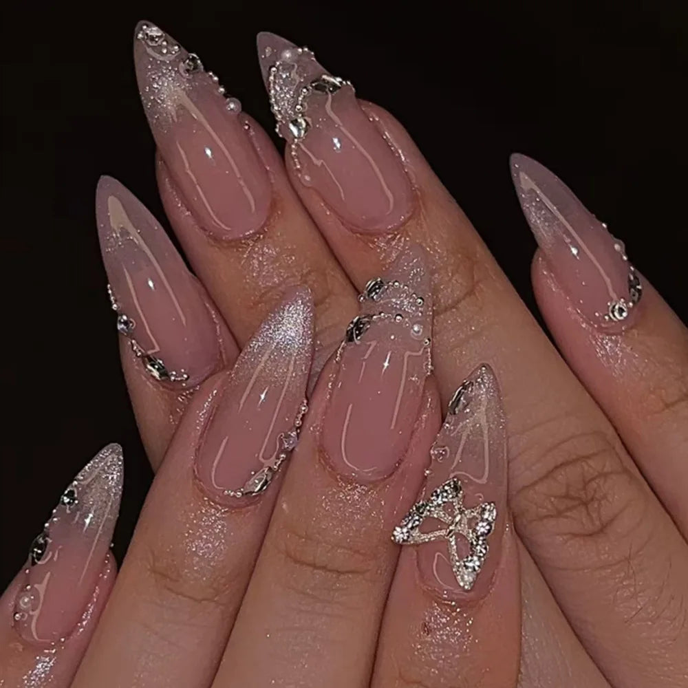 24pcs/Box Long Coffin False Nails Art Rose with Glue Wearable Jelly Nails
