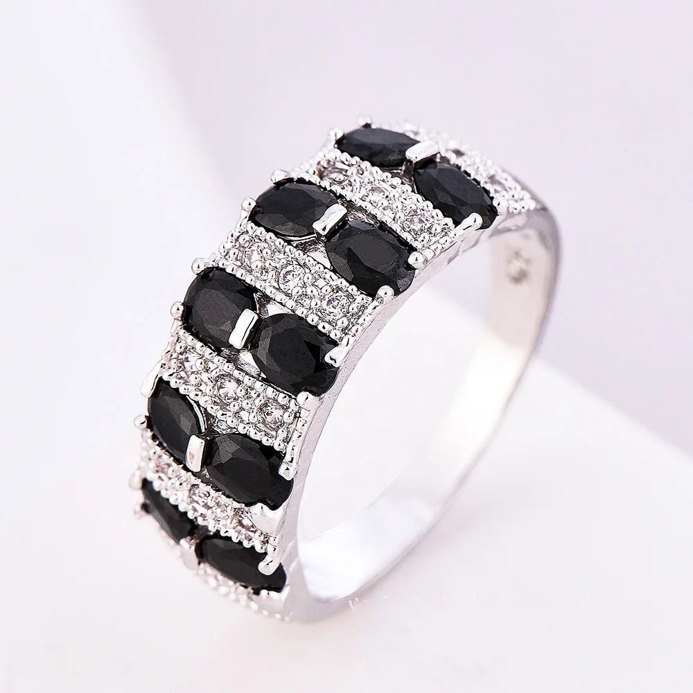 Retro Elegant 925 Sterling Silver Big Black Stripe Crystal Zircon Silver Rings
