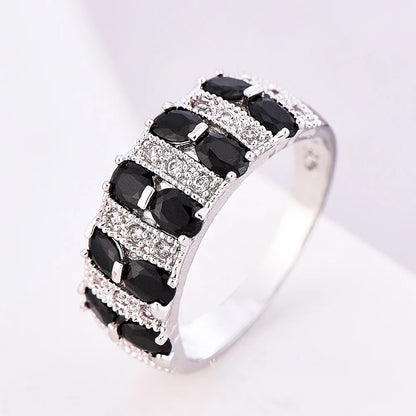 Retro Elegant 925 Sterling Silver Big Black Stripe Crystal Zircon Silver Rings
