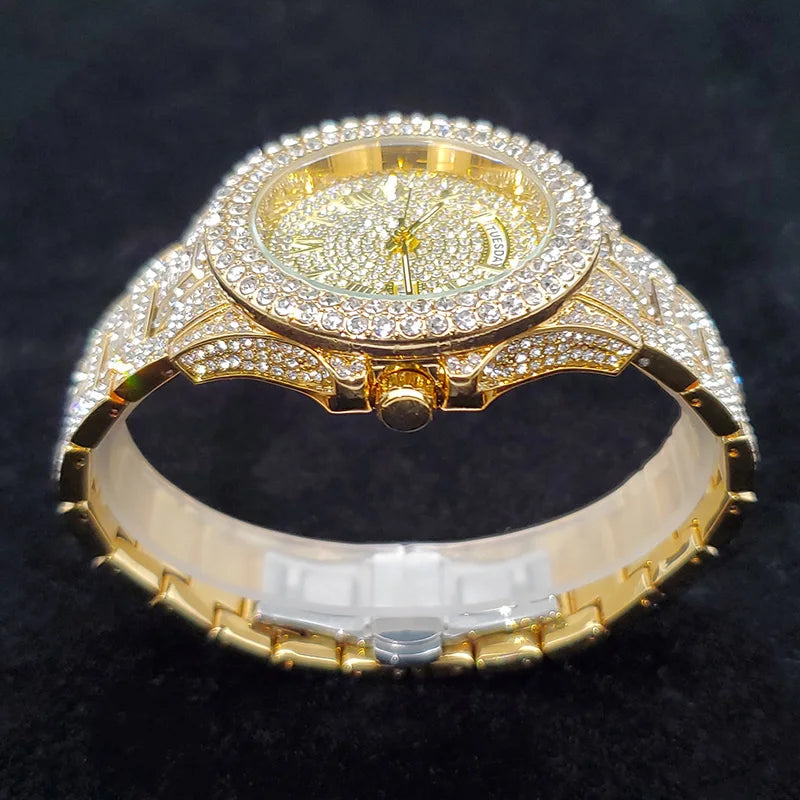 Luxury Diamond Bling Iced Hip Hop Golden Stainless Steel Quartz Watch