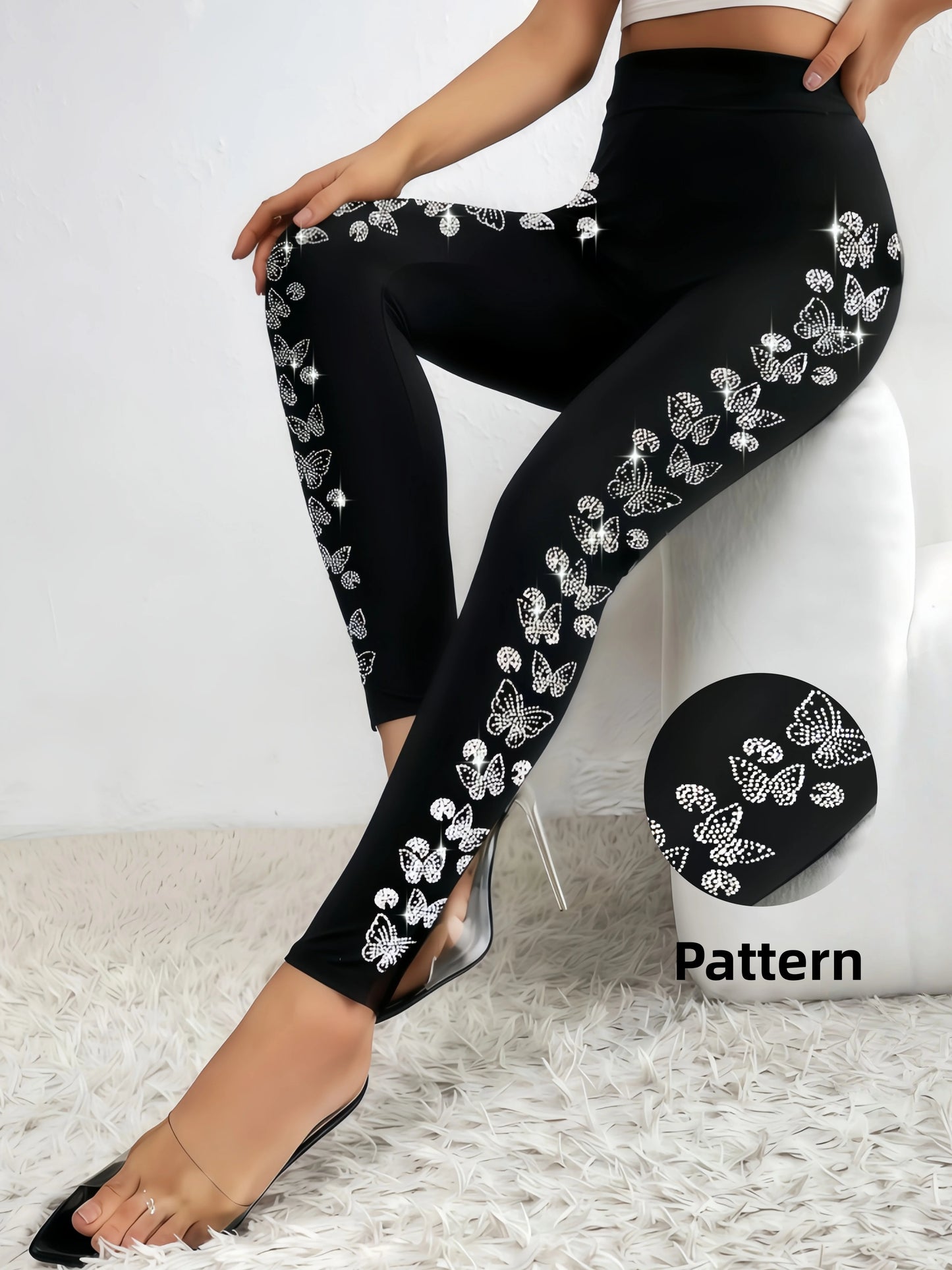 Butterfly Side Design High Waist Sparkling Rhinestone Leggings