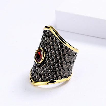 Exaggerated Black Gold Red Zircon 925 Stamp Irregular Geometric Shape Ring