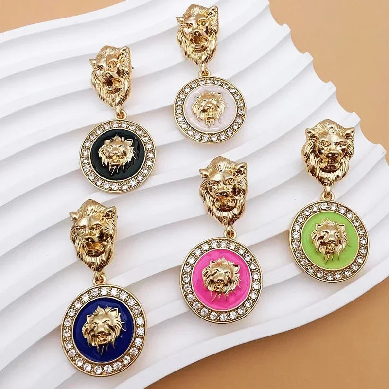 Punk Embossed Lion Head Drop Gold-plated Zircon Gothic Earrings