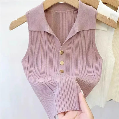 Slim Versatile Camisole Polo Lapel Vest Ice Silk Knit Sleeveless