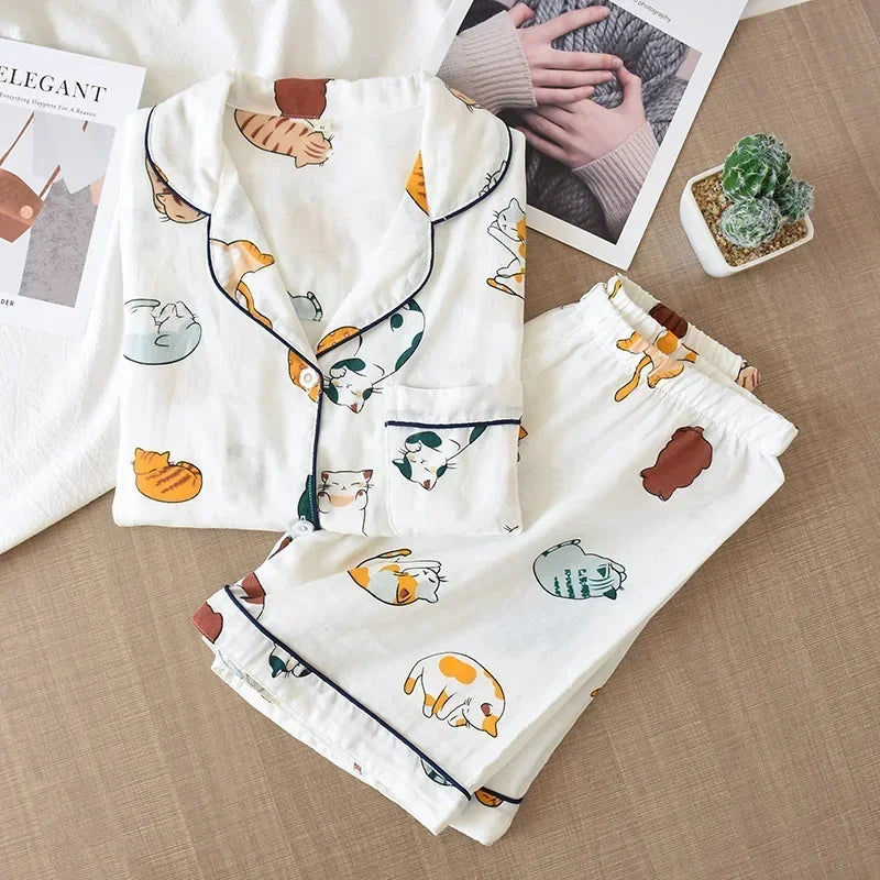 Japanese 100% Cotton Gauze Thin Short-sleeved Shorts Cute Cat Cartoon Pajama Set