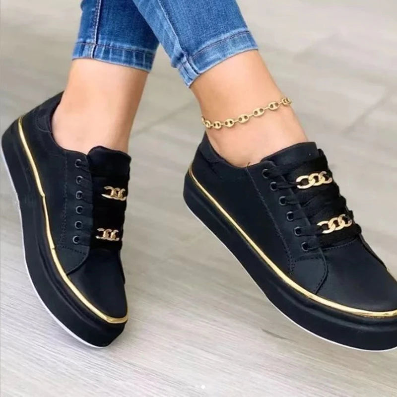 Chain Leather Comfortable Round Toe Platform Sneakers
