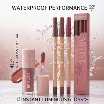4Pcs Lip Liner & Lip Gloss Set Waterproof Long-lasting