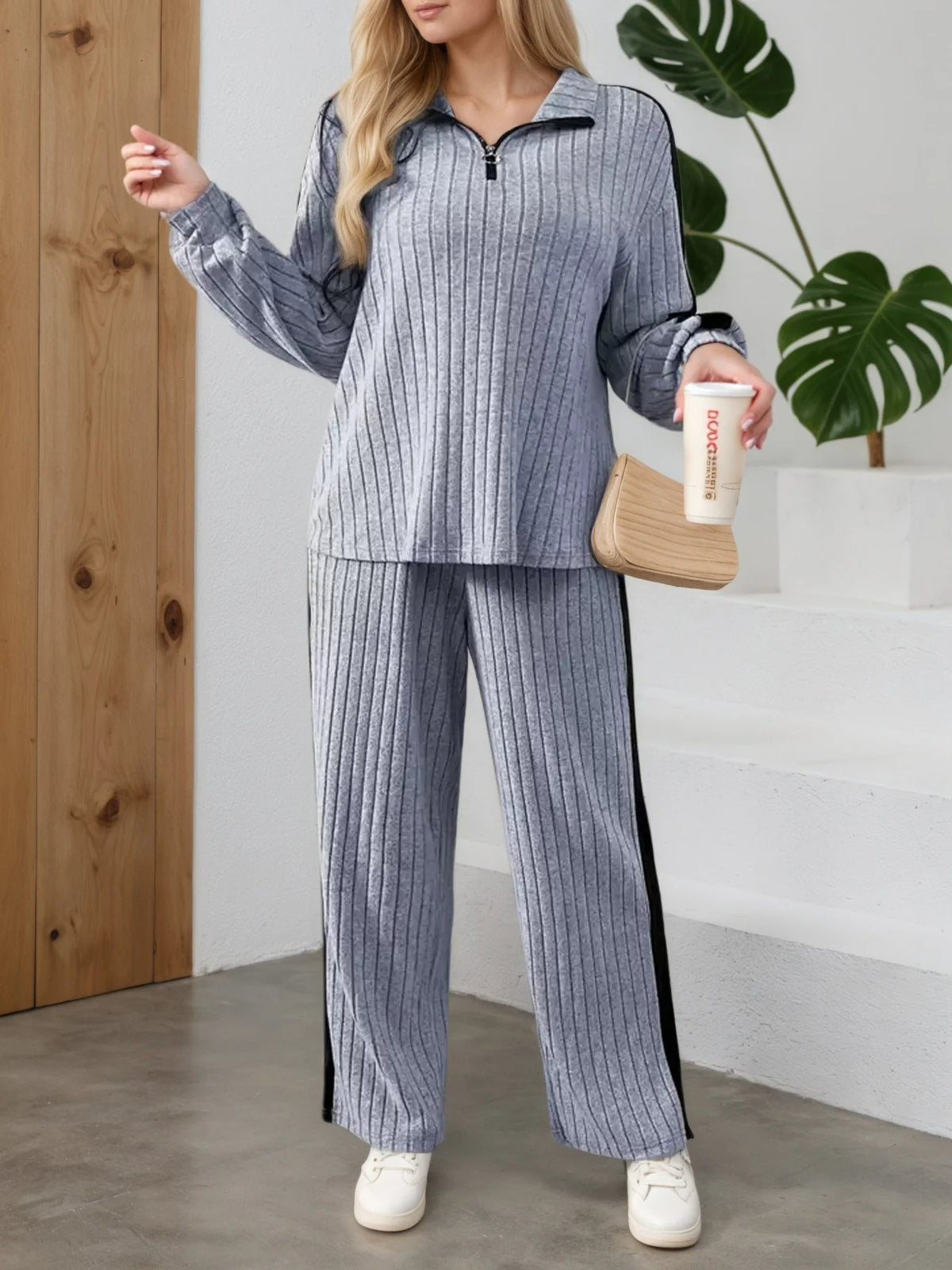 Elegant Casual Zipper Collar Long-Sleeve Top & Wide-Leg Pants Set