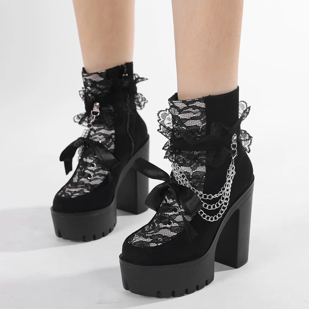 Gothic Lace Ankle Chunky Heel Side Zipper with Chain Platform Goth Boots