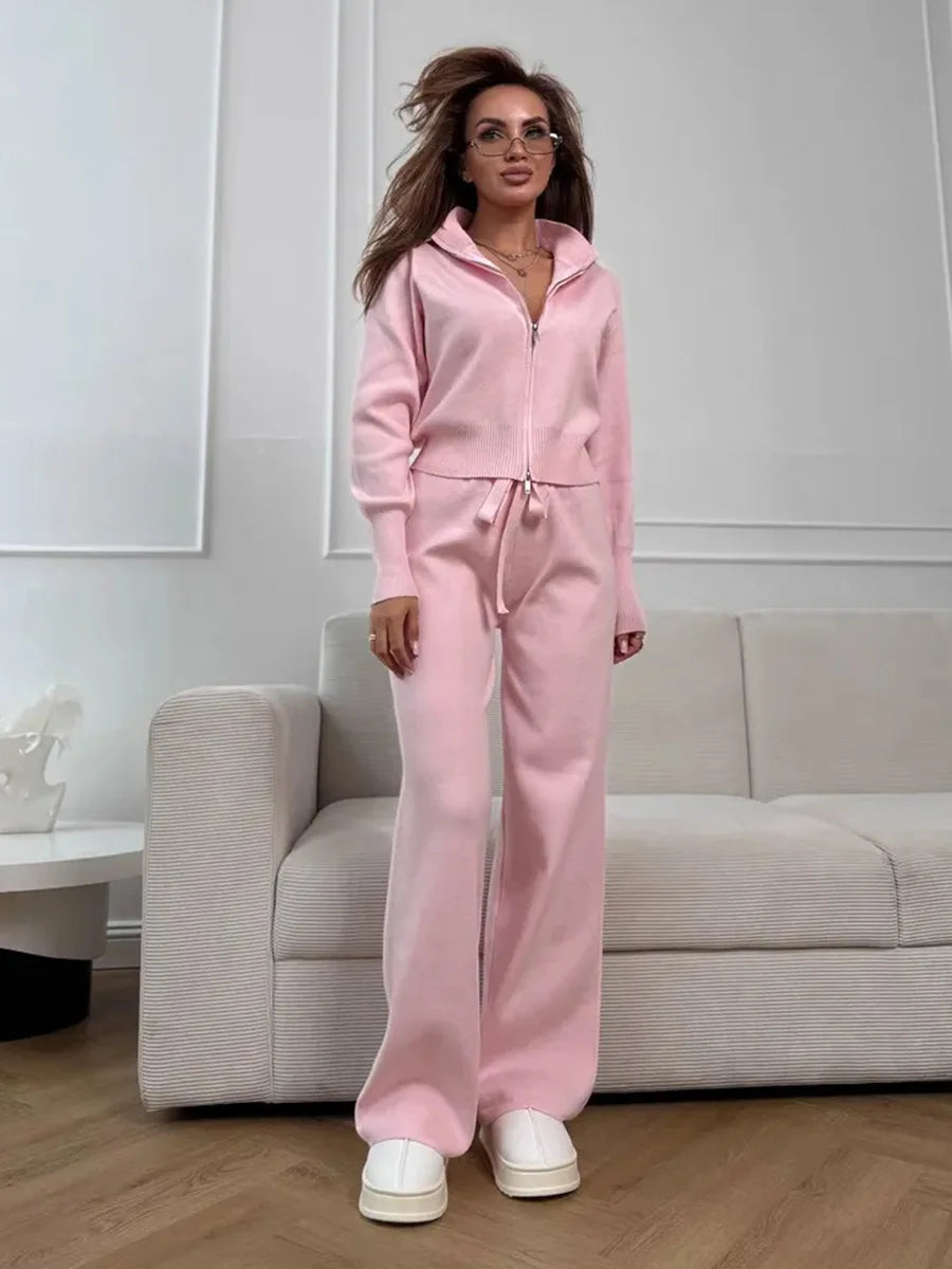 Knit Zip Up Cardigan Wide Leg Soft Fabric Cropped Sets
