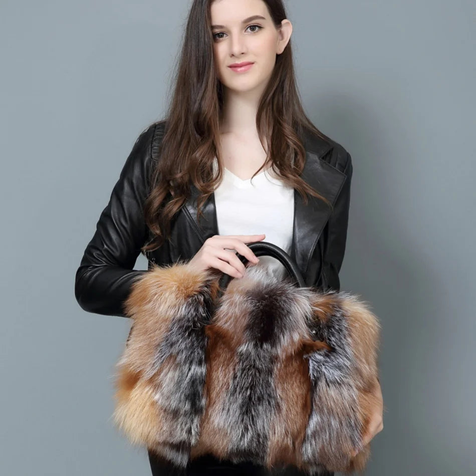Real Fox Fur Large Size Plush Crossbody Luxury Handbags Fluffy Tote Bag