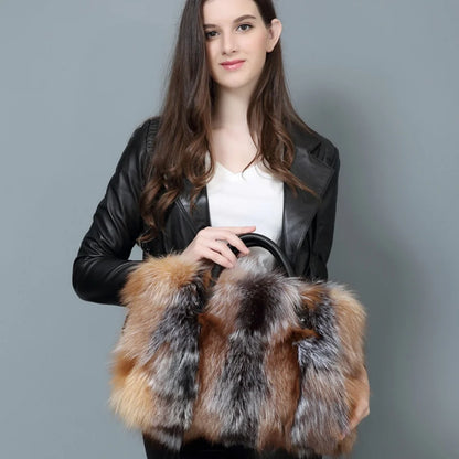 Real Fox Fur Large Size Plush Crossbody Luxury Handbags Fluffy Tote Bag