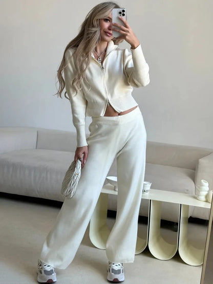 Knit Zip Up Cardigan Wide Leg Soft Fabric Cropped Sets
